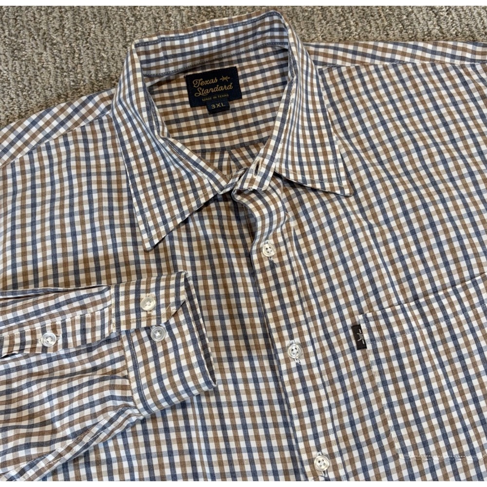 Texas Standard Button Down Shirt Mens 3XL Blue Brown Gingham Plaid Long Sleeve